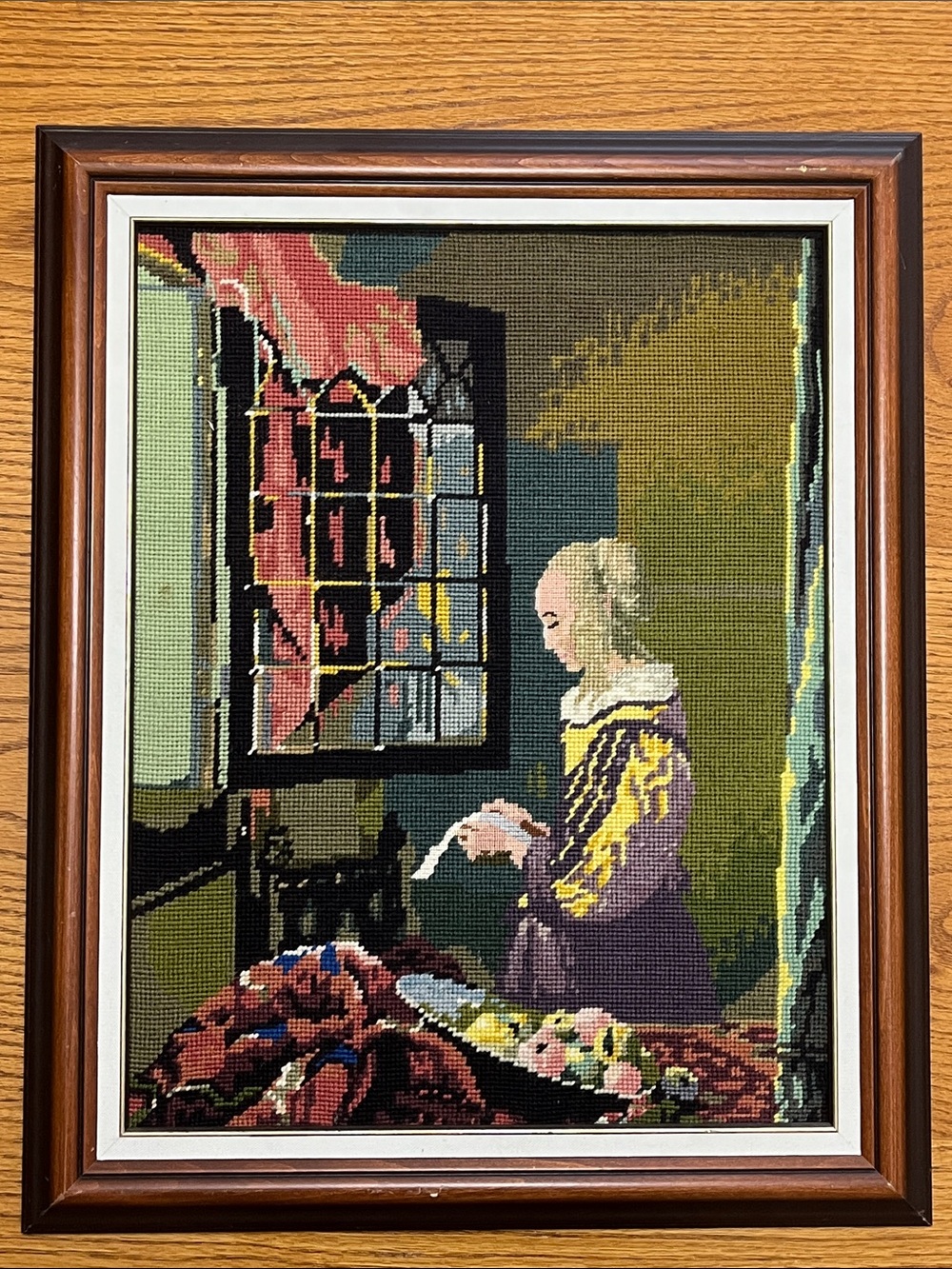 Vintage Vermeer Girl Reading a Letter Framed Needlepoint Tapestry Art